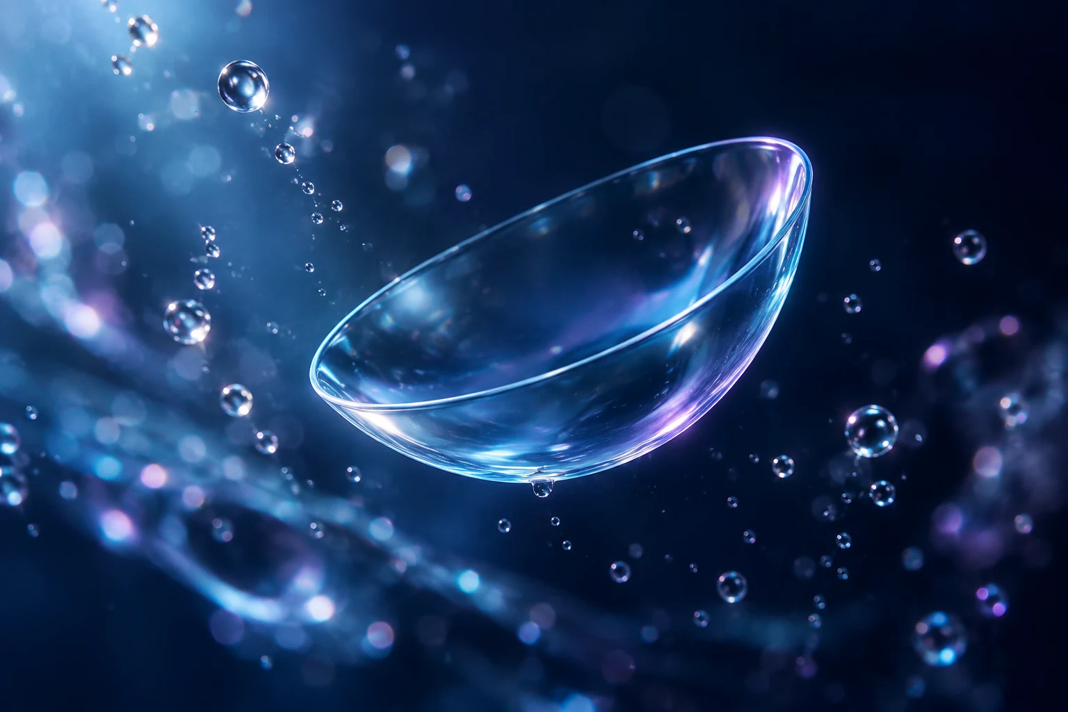 Representación artística de un lente transparente y gotas luminosas
